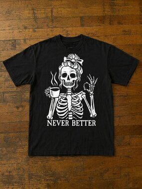 Messy Bun Drinking Coffee Skeleton T-Shirt for Women Funny Graphic Tees